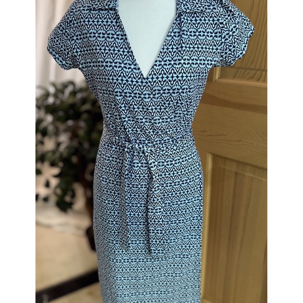 J. McLAUGHLIN Blue Ikat Abstract Geometric Faux Wrap Dress Cap‎ Sleeve Size S